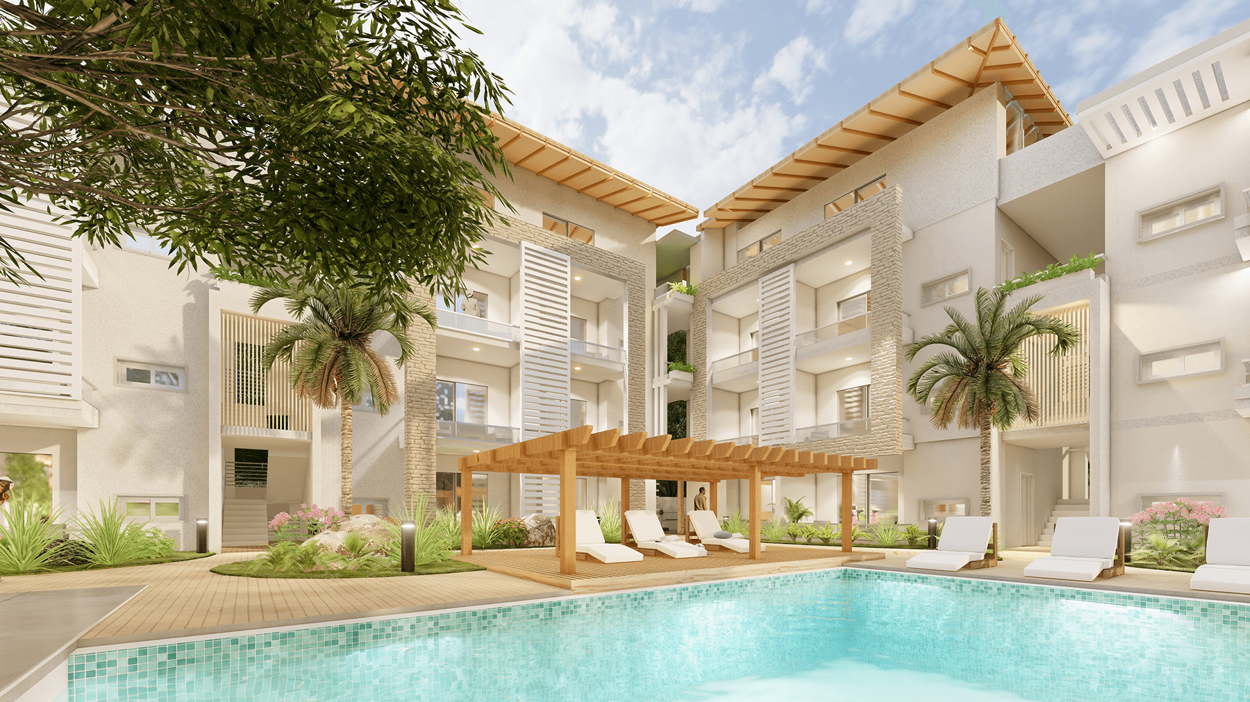 Résidences avec des équipements complets : club privé, espaces meublés, espaces sociaux et sécurité permanente pour une expérience caribéenne sans souci.