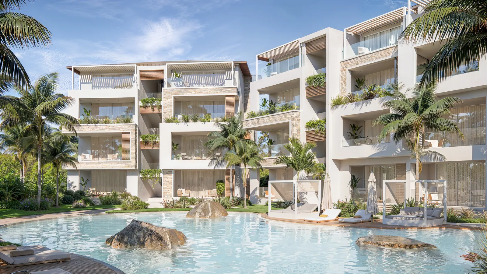 Render de los edificios de Emerald Suites junto a la piscina